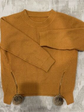 Cozy Mustard Pom-Pom Zip Hem Sweater